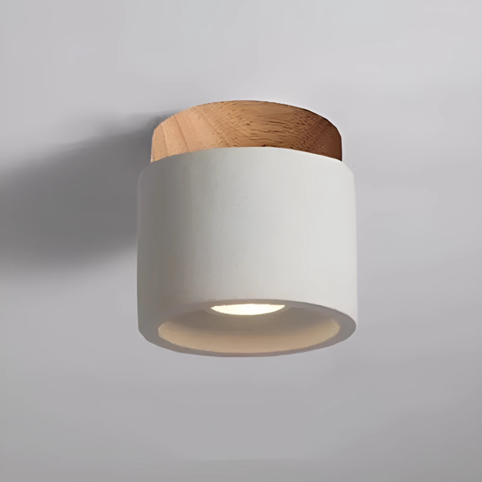 Cement Japanese-style ceiling lamp with log accents, White Sandstone finish, for corridor or restaurant