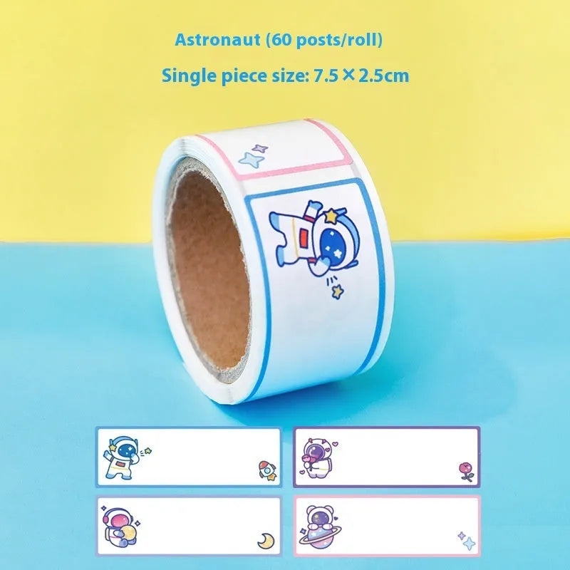 Roll of colourful cartoon stickers showing dinosaur, astronaut, rabbit, and girl design options for labelling.
