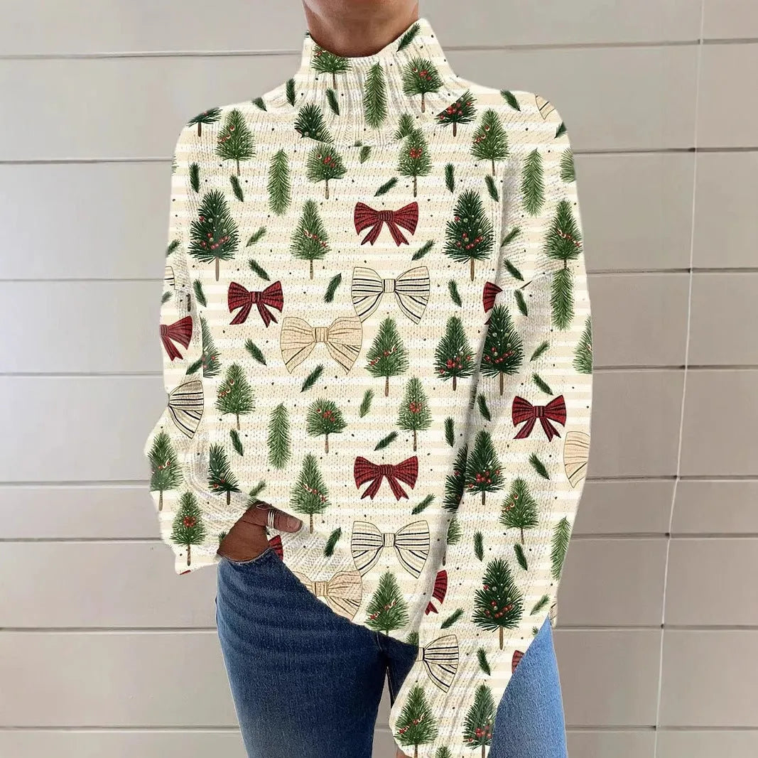 Women's loose-fit Christmas printed turtleneck sweater in polyester with turtleneck collar and long sleeves