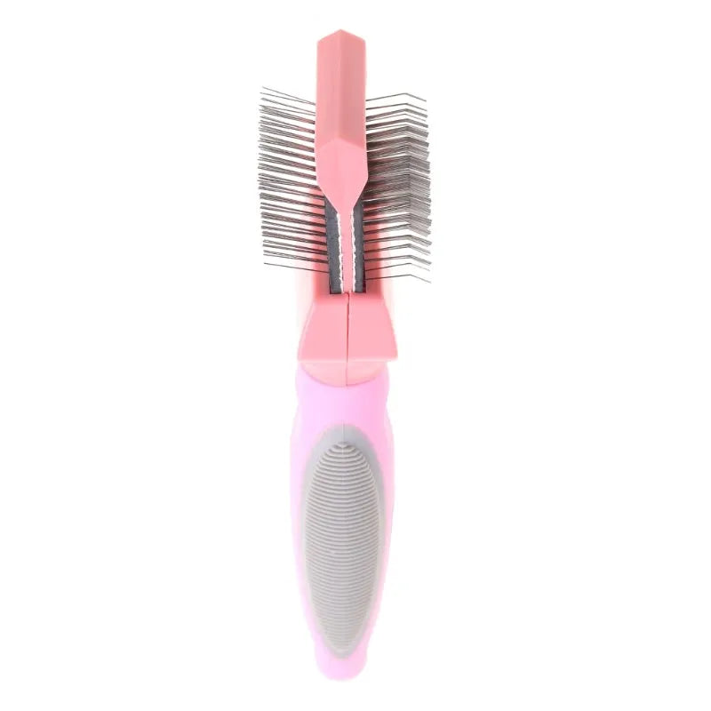 Double-sided pet grooming brush with stainless steel pins in blue or pink colour options