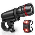 Black bicycle headlight and taillight set with handlebar mounting bracket on a bicycle.