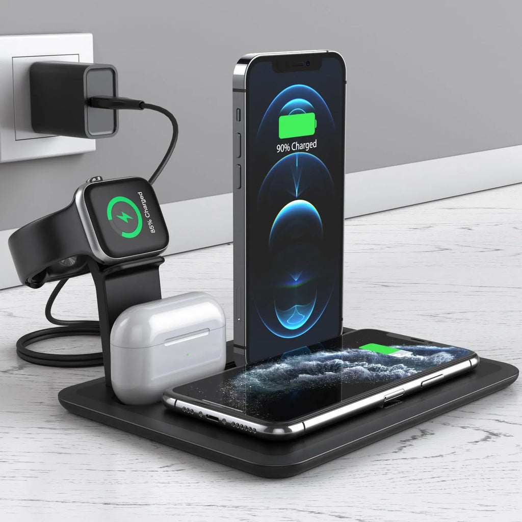 Black and white desktop wireless charging station for phone, watch, and headphones