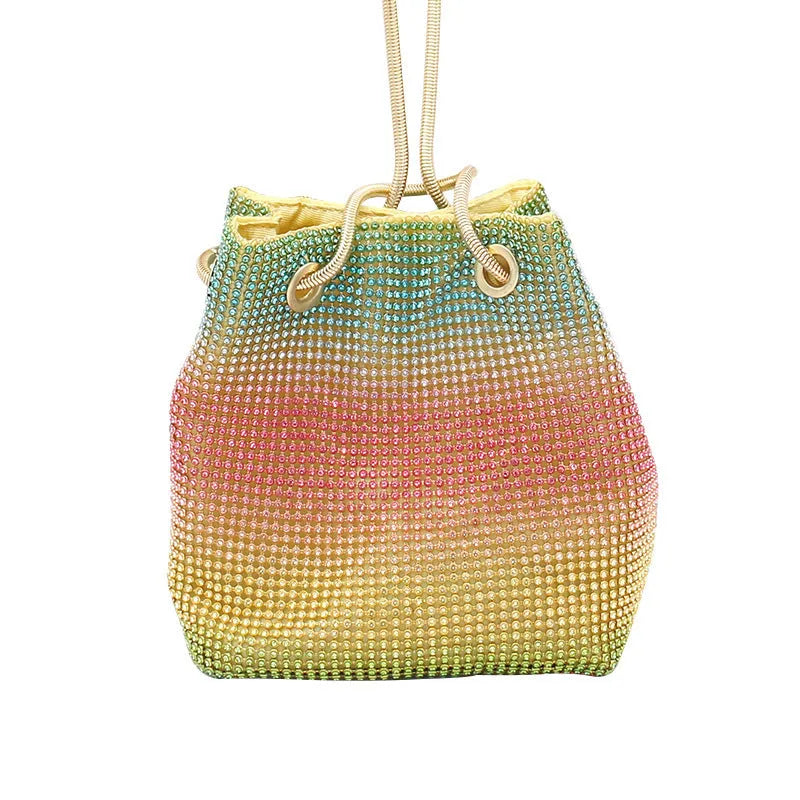 Rhinestone bucket bag with sparkling coverage and adjustable shoulder straps