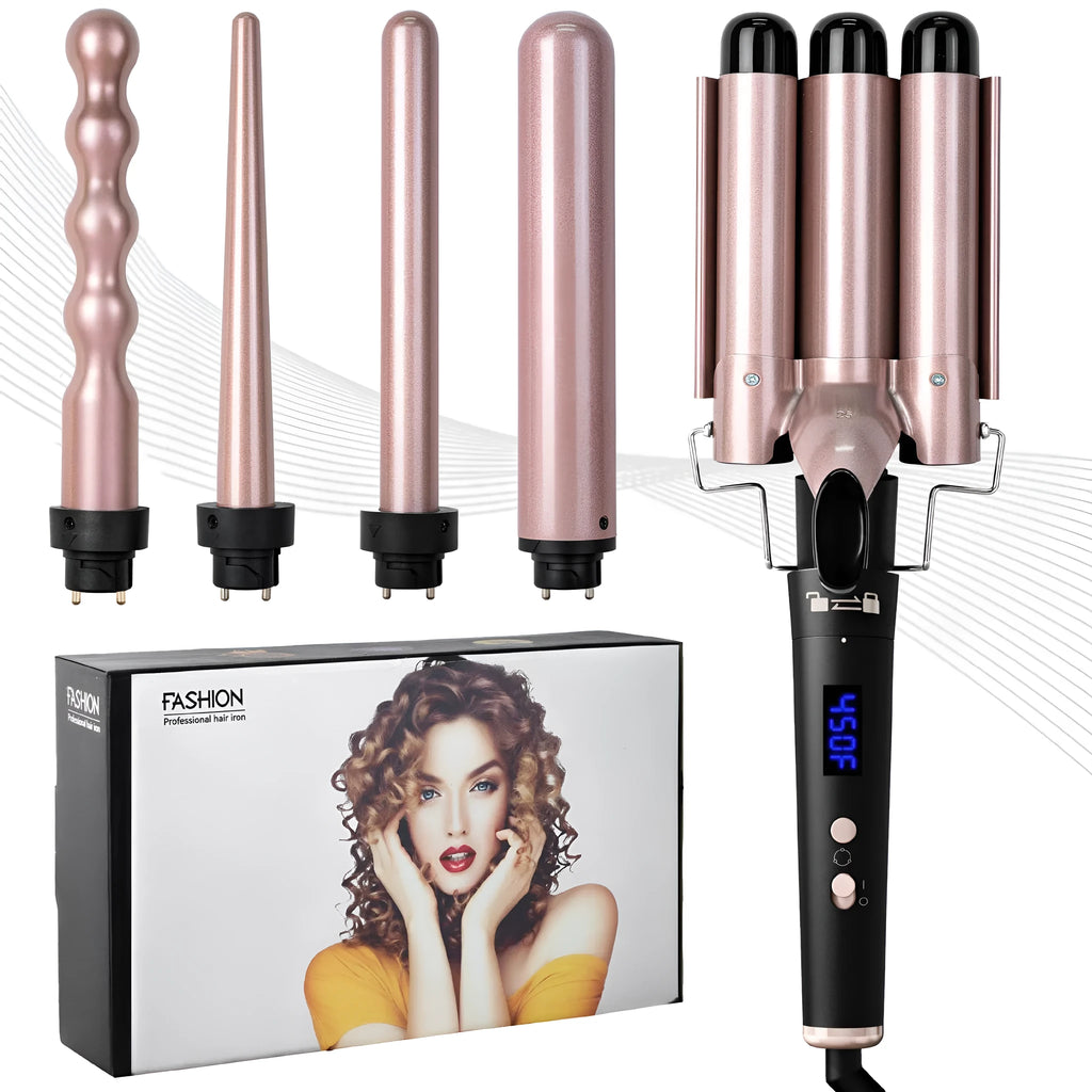 Rose gold tube replacement hair curler with negative ion technology and LCD display screen