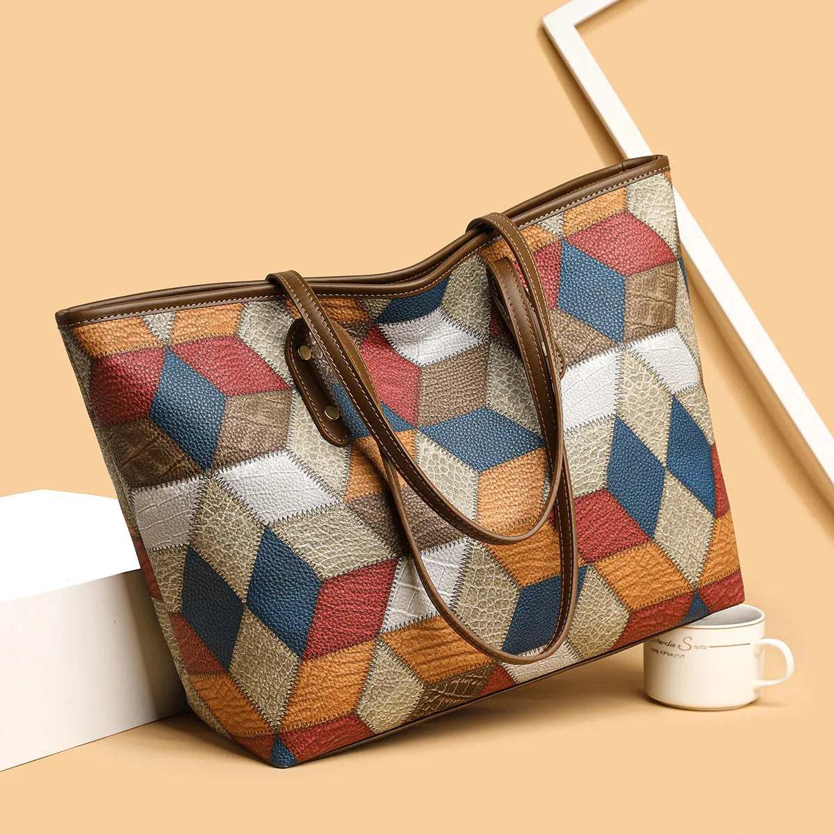 Women's large capacity PVC shoulder handbag in blue brown colour with sandwich pocket organiser