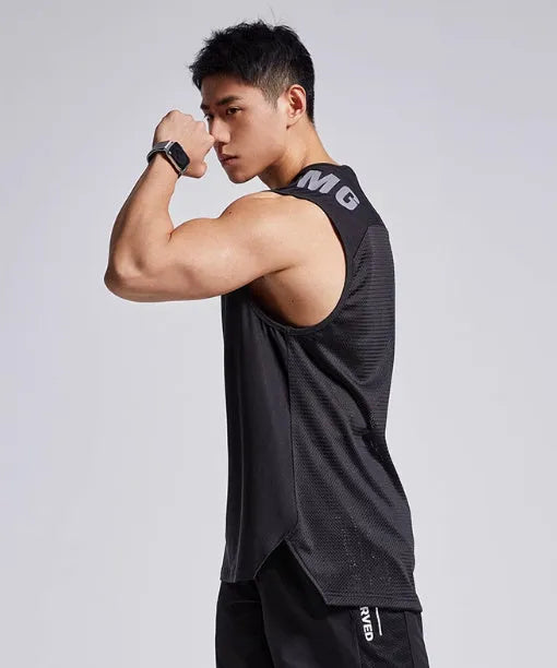 Men's mesh sports vest in black with loose fit design and letter pattern
