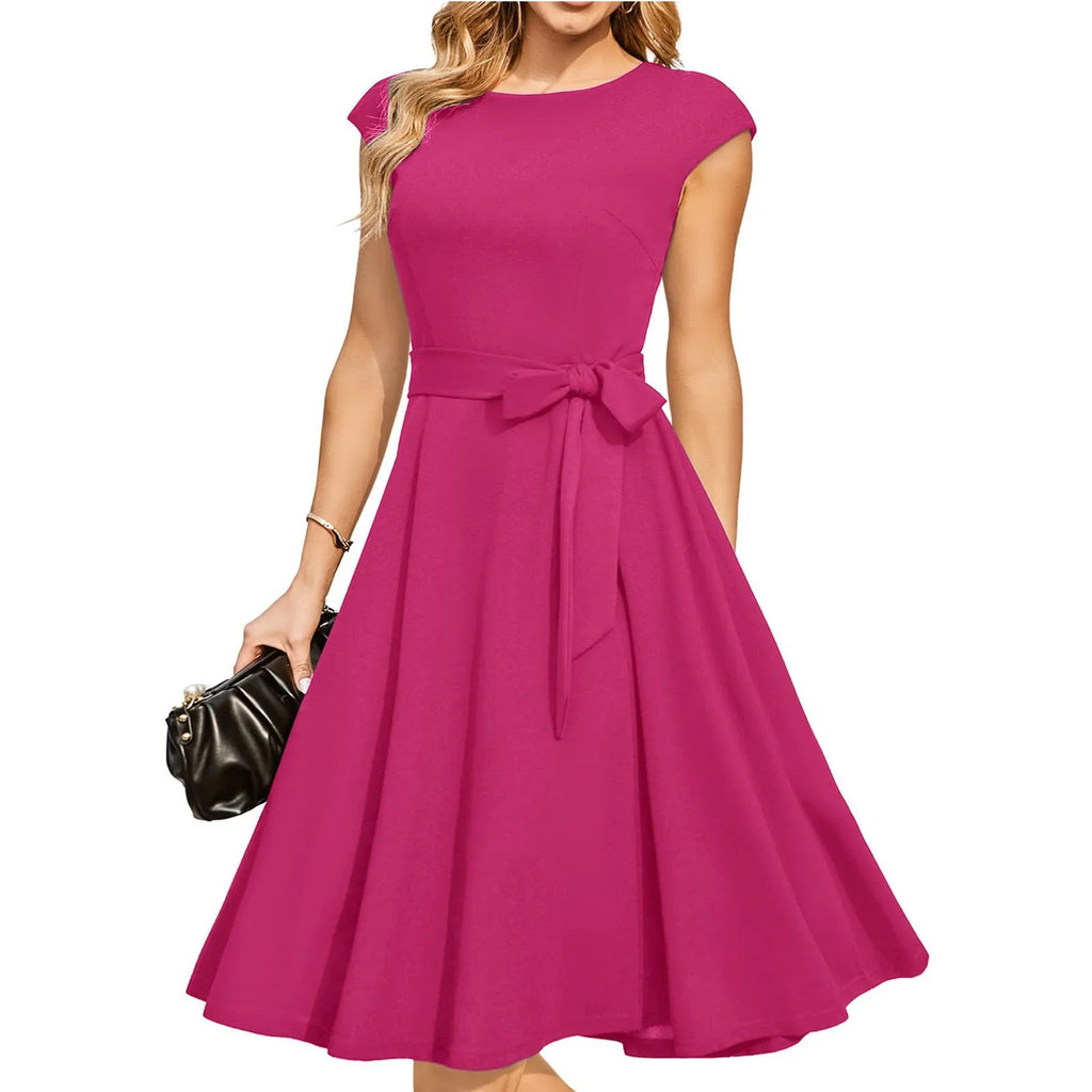 Sleeveless lace-up waist party dress with oversized swing skirt in twisted silk polyester fabric