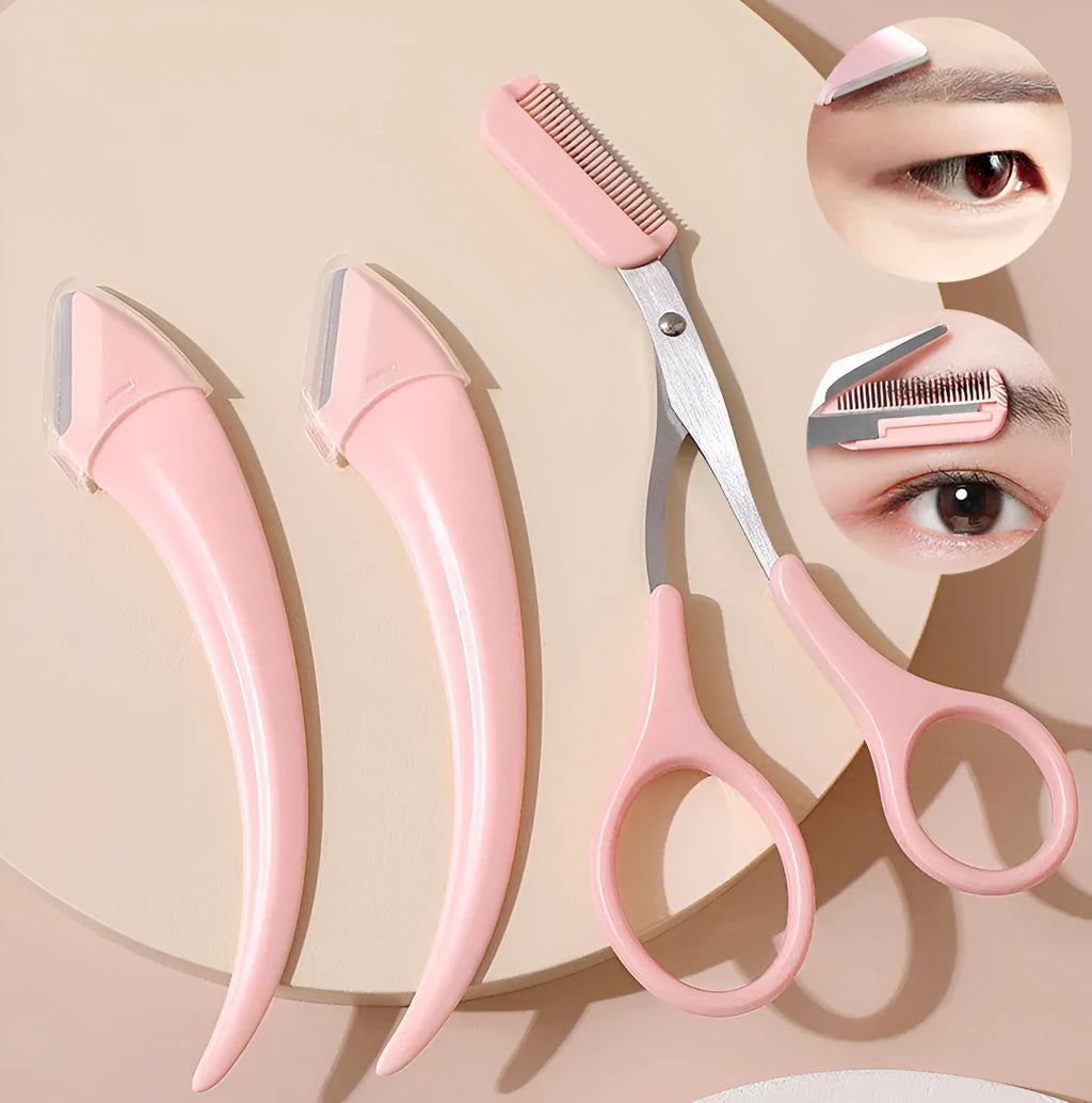 Close-up of a curved moon-shaped eyebrow trimming knife with a comb, in pink and white colours.