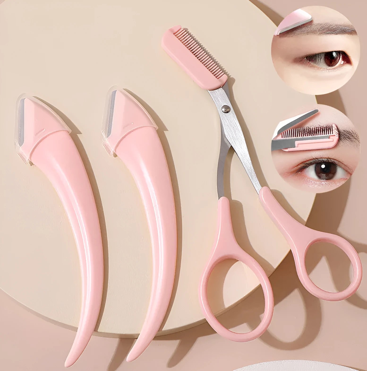 Close-up of a curved moon-shaped eyebrow trimming knife with a comb, in pink and white colours.
