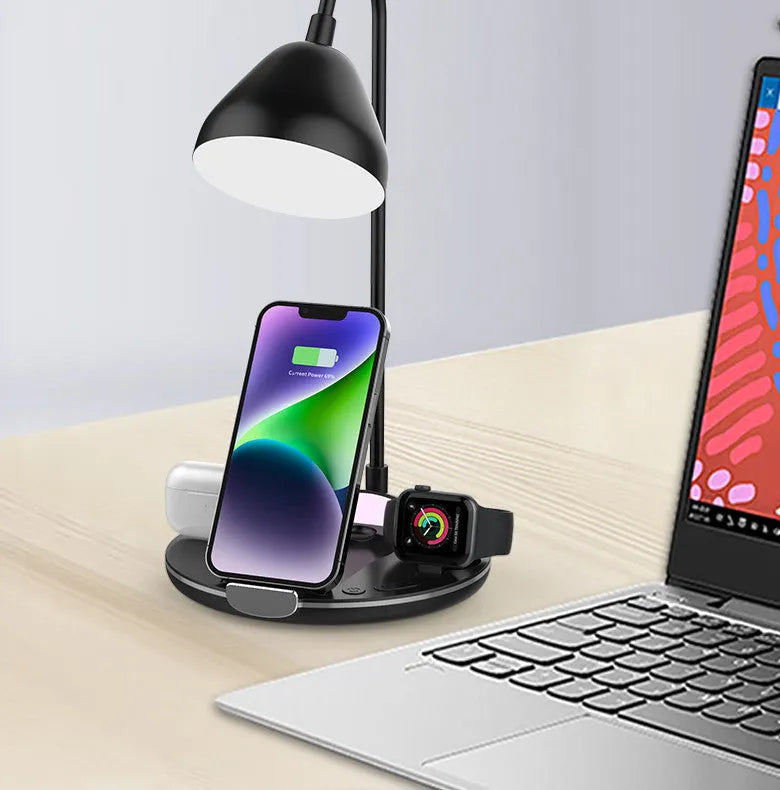 Black and white magnetic folding wireless charger extended to 320 mm height with phone and tablet charging