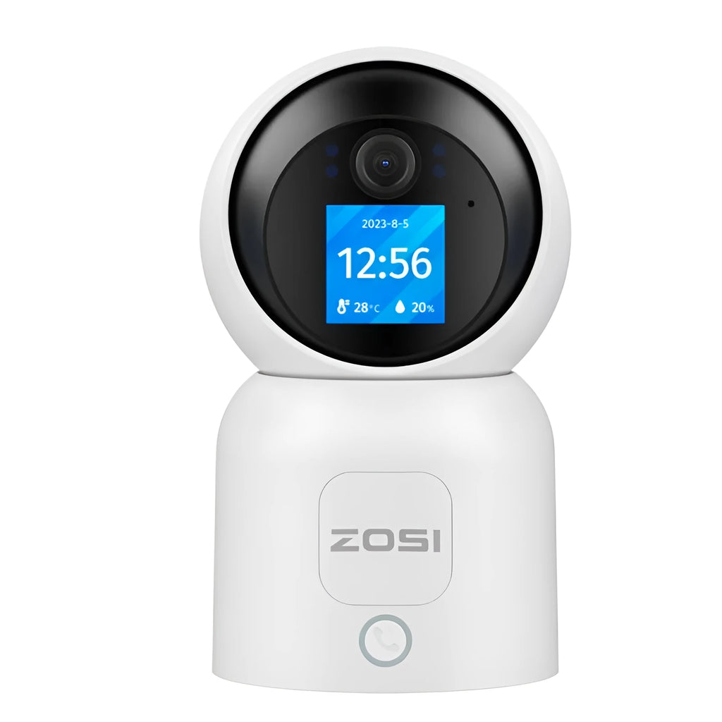 Zhou Shi wireless indoor security camera with large colour screen and plastic housing on a screw-fixed bracket.