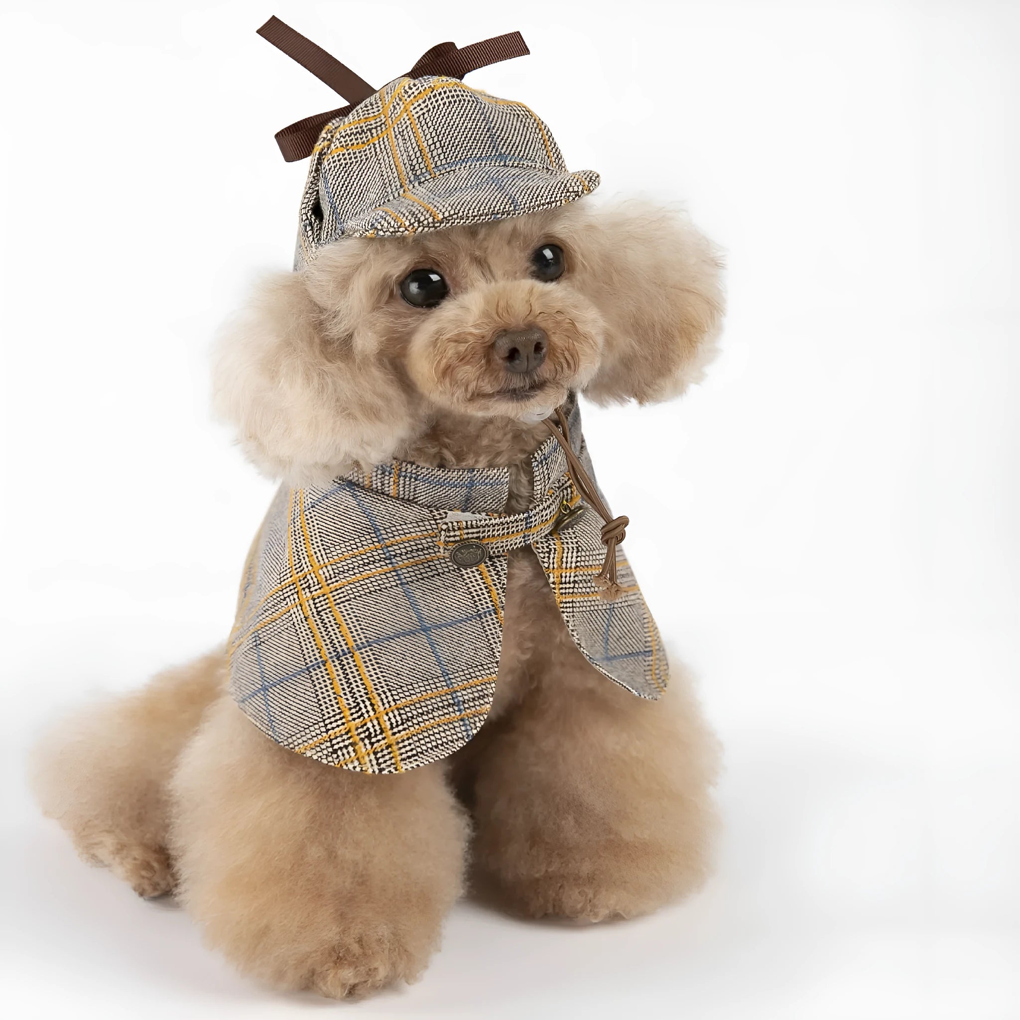 Camel-coloured cotton detective suit cloak for a small dog on a neutral background.