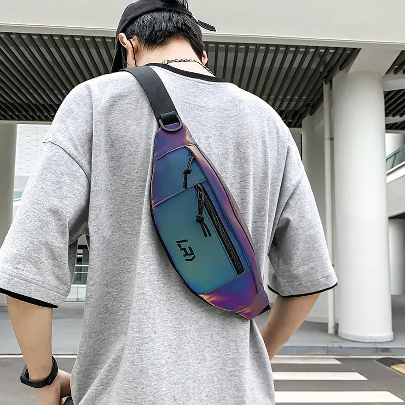 Blue reflective crossbody cycling bag made from Oxford cloth with an open front pocket.