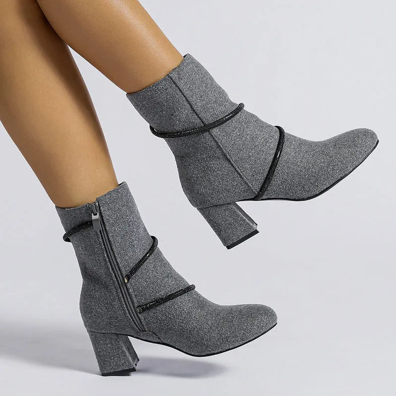 Chunky mid heel suede boots with rhinestone chain design in black for women