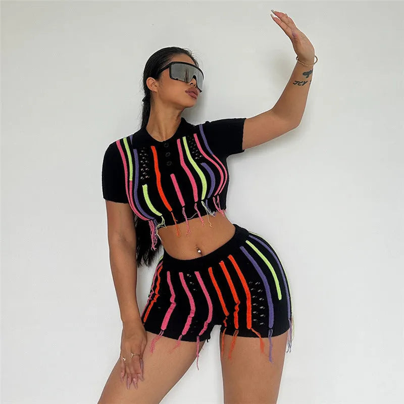 High waist sheath slim fit black polyester suit set for women with sleeveless top and shorts