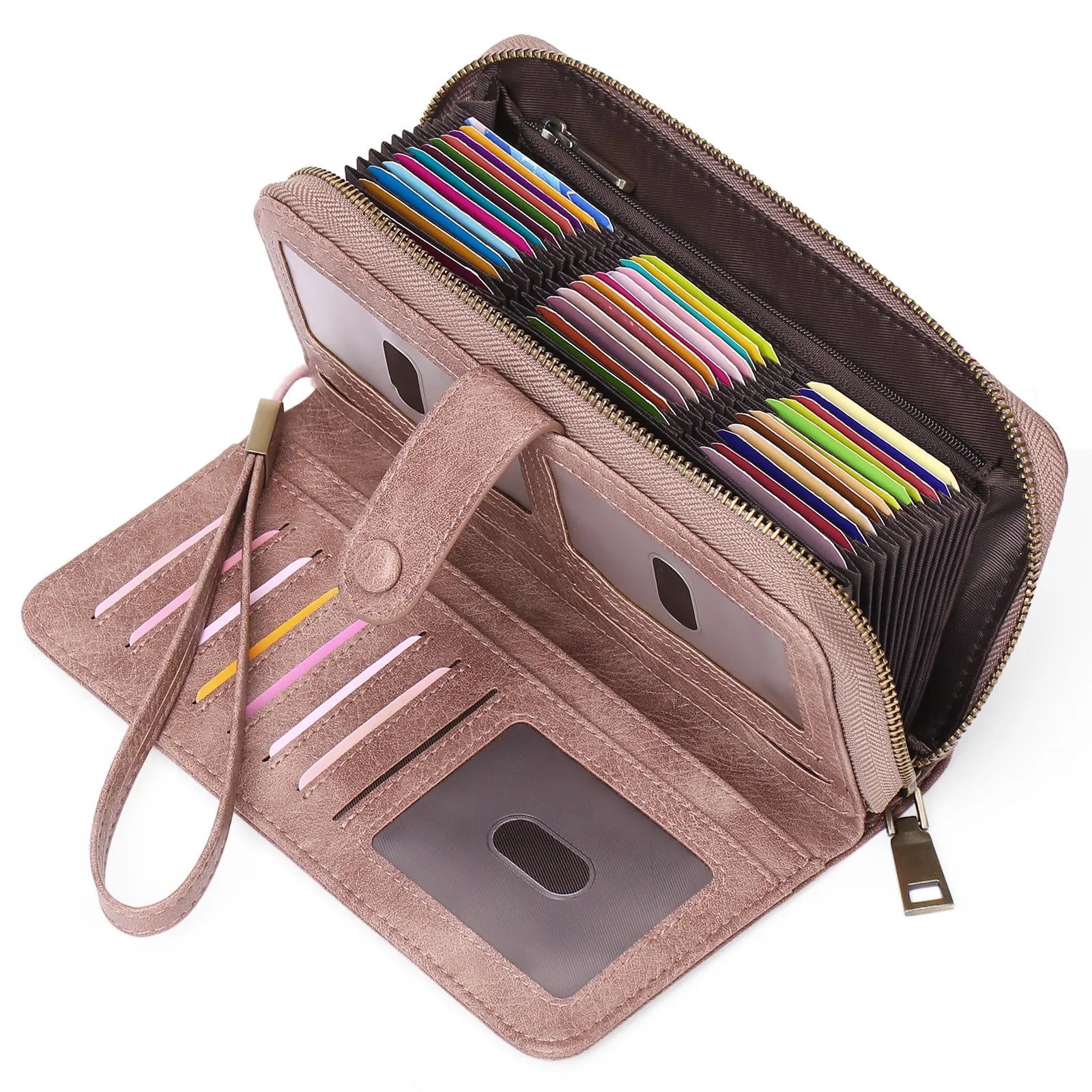 Women's expanding long wallet in denim blue showing card slots and passport pocket with anti-theft swiping feature