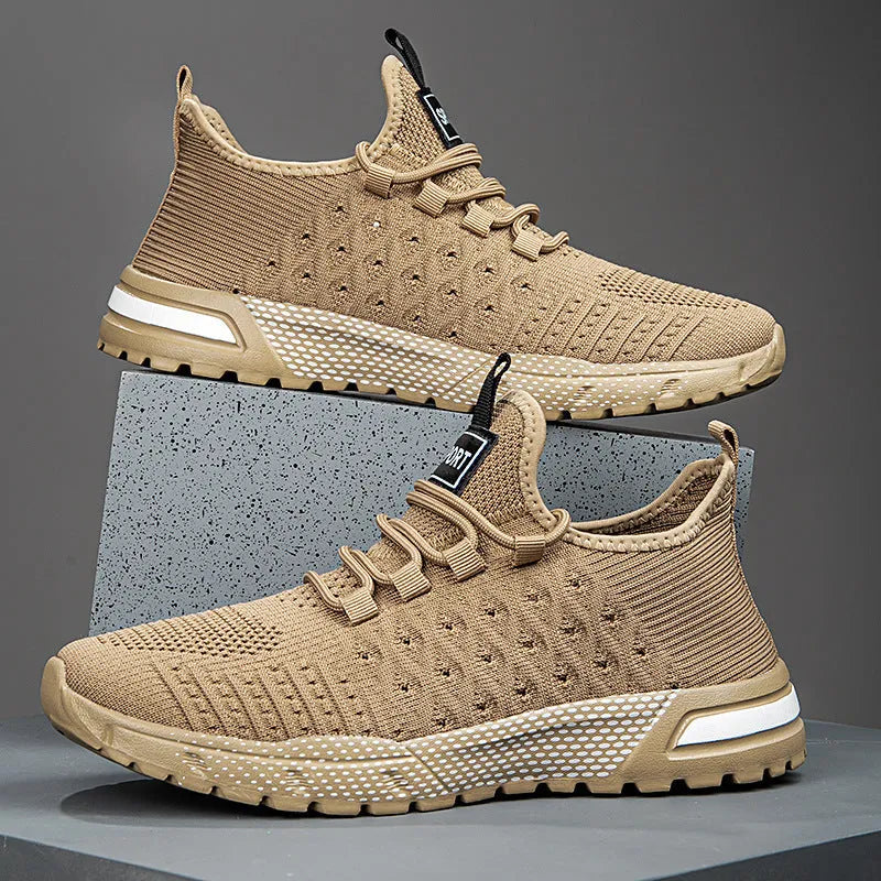 Men's solid colour casual shoes with mesh upper in army green, shown from the side.