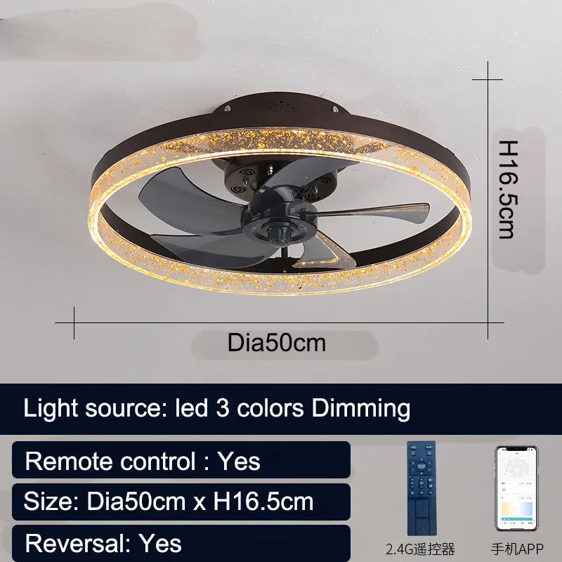 Nordic style remote control ceiling fan lamp with LED lights in a coffee gold finish.