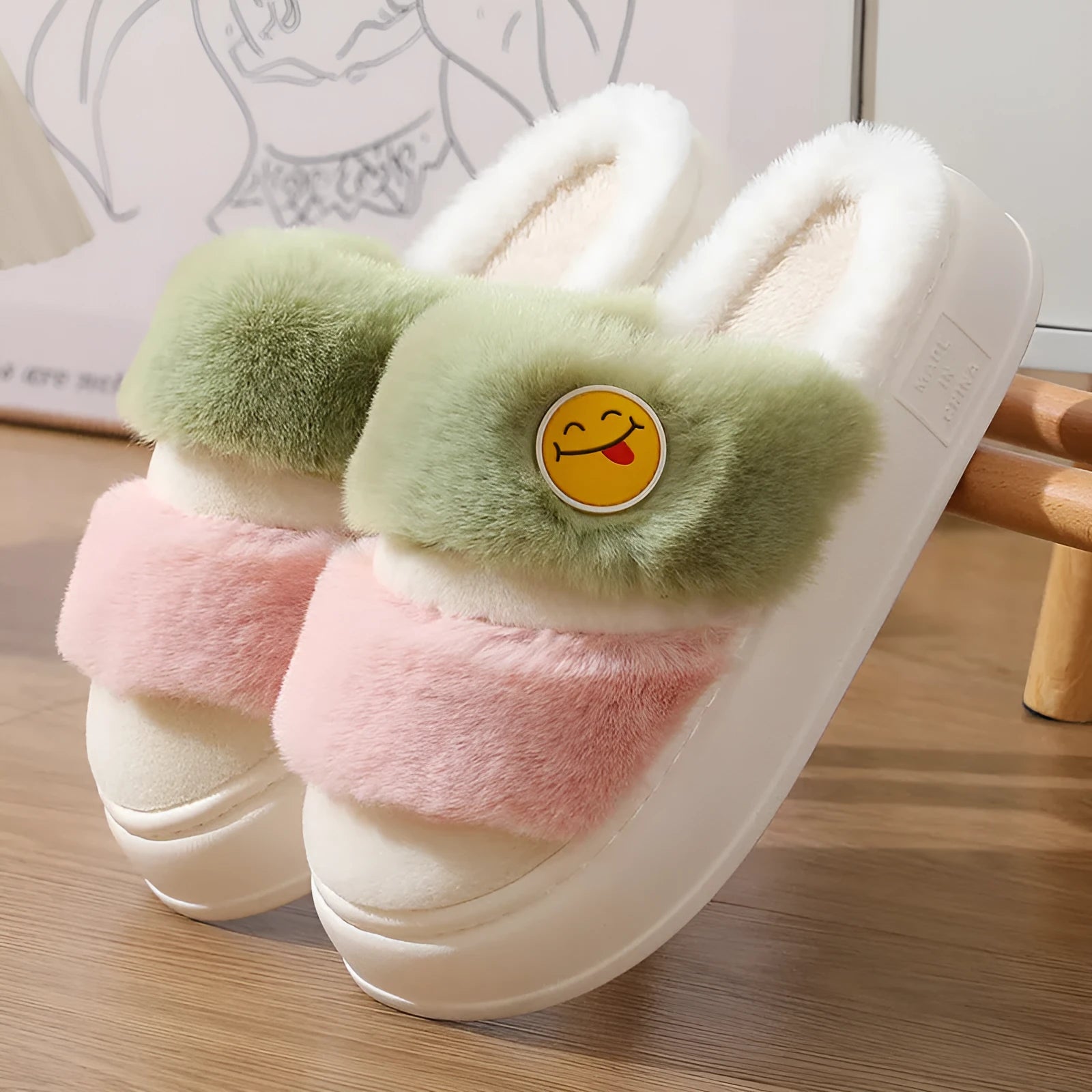 Thermal cotton slippers with plush upper in various colour blends showing oversleeve design