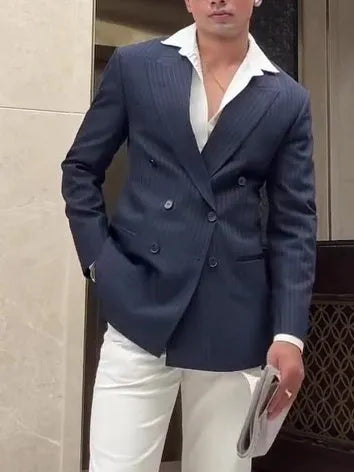 Men's striped double-breasted blazer on a hanger showing regular fit and length