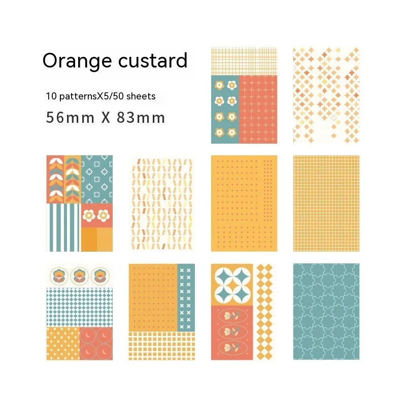 Retro collage note papers in dessert colours including red plum cheese and blue fruit bitter cassava