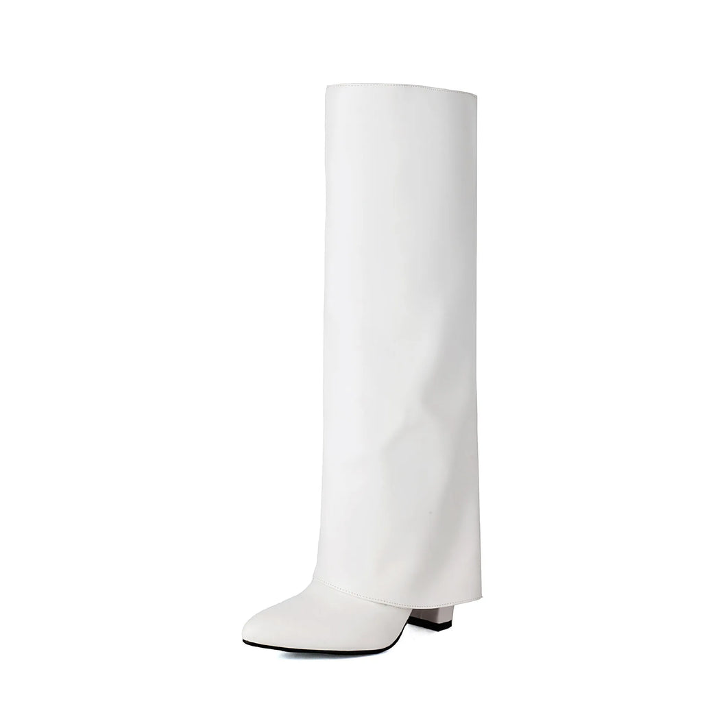 Women's plus size knee-high boots with thick block heel in black, white and pink colours