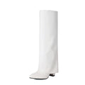 Women's plus size knee-high boots with thick block heel in black, white and pink colours