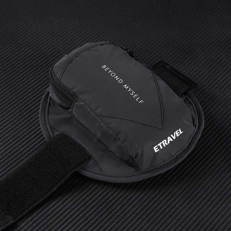 Running arm bag with reflective material in black colour showing 7-inch capacity for outdoor sports