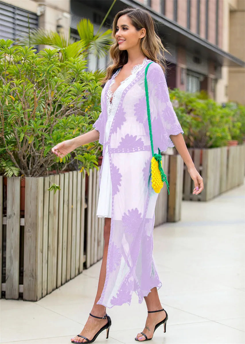 Light purple lace embroidery beach cover-up dress for women with cotton blend lining