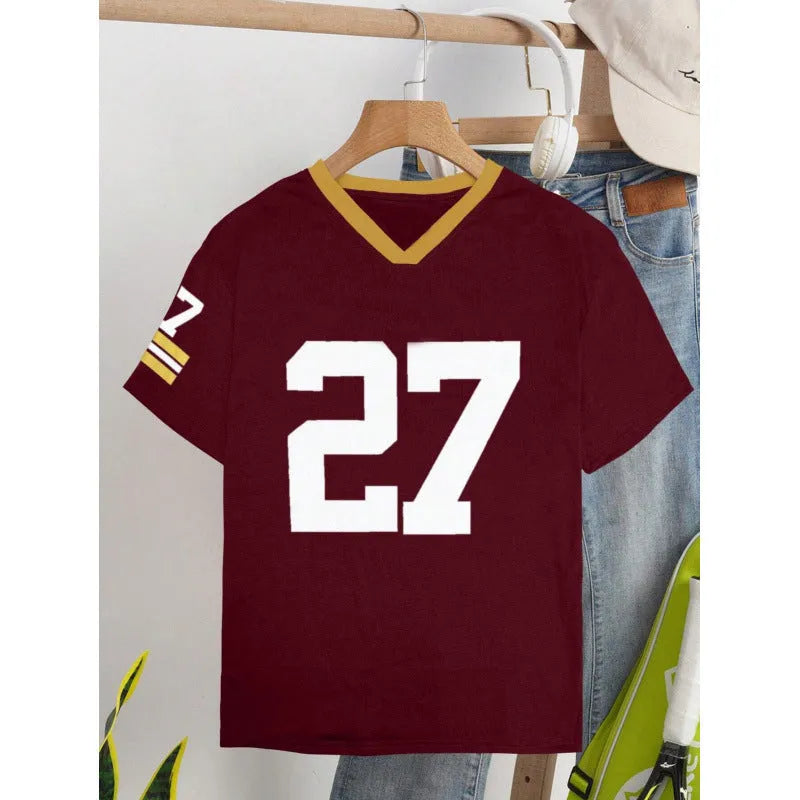 Red loose fit cotton T-shirt with contrasting colour digital letter printing on the front.