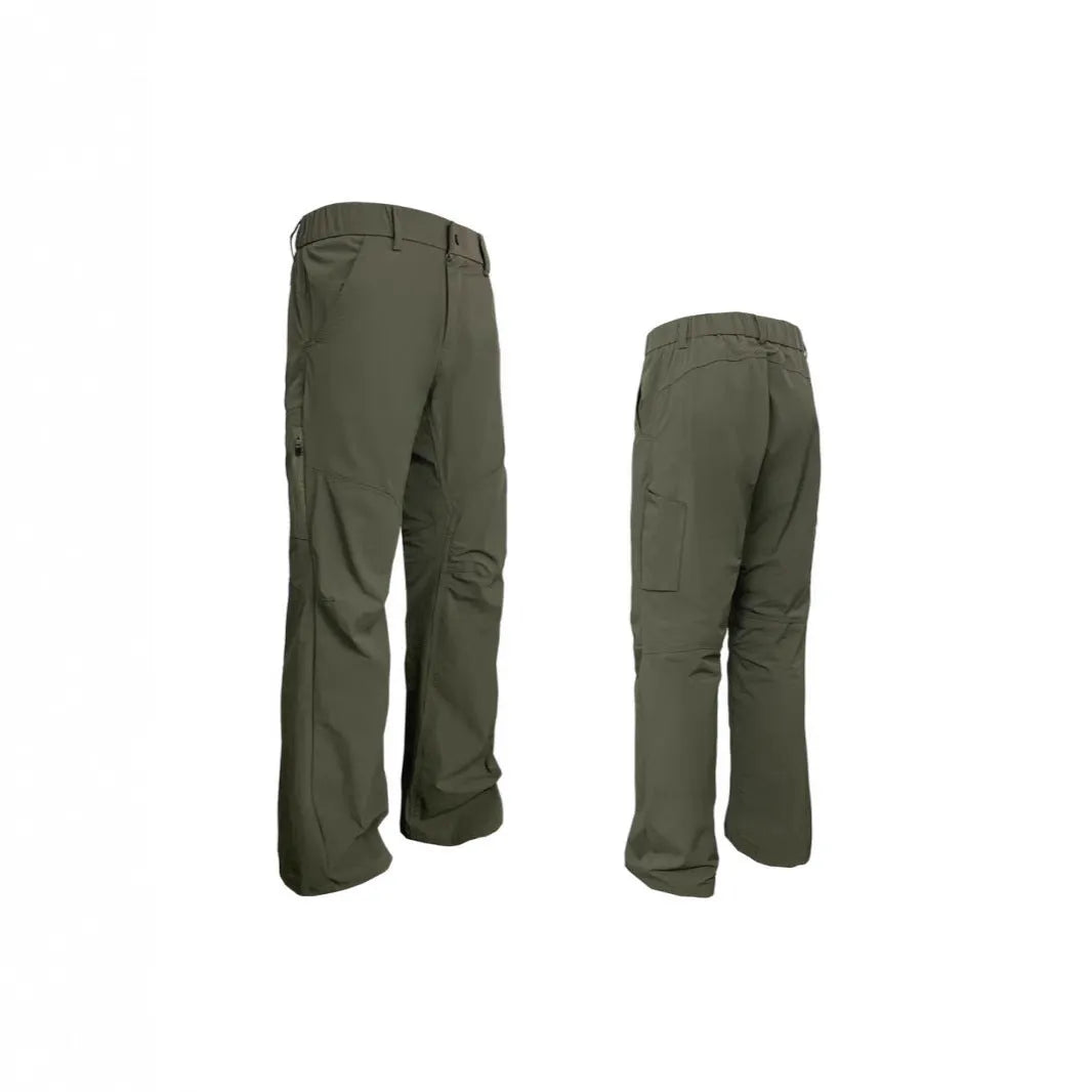Men's 3D deconstructive straight leg casual trousers in Army Green with elastic waistband.