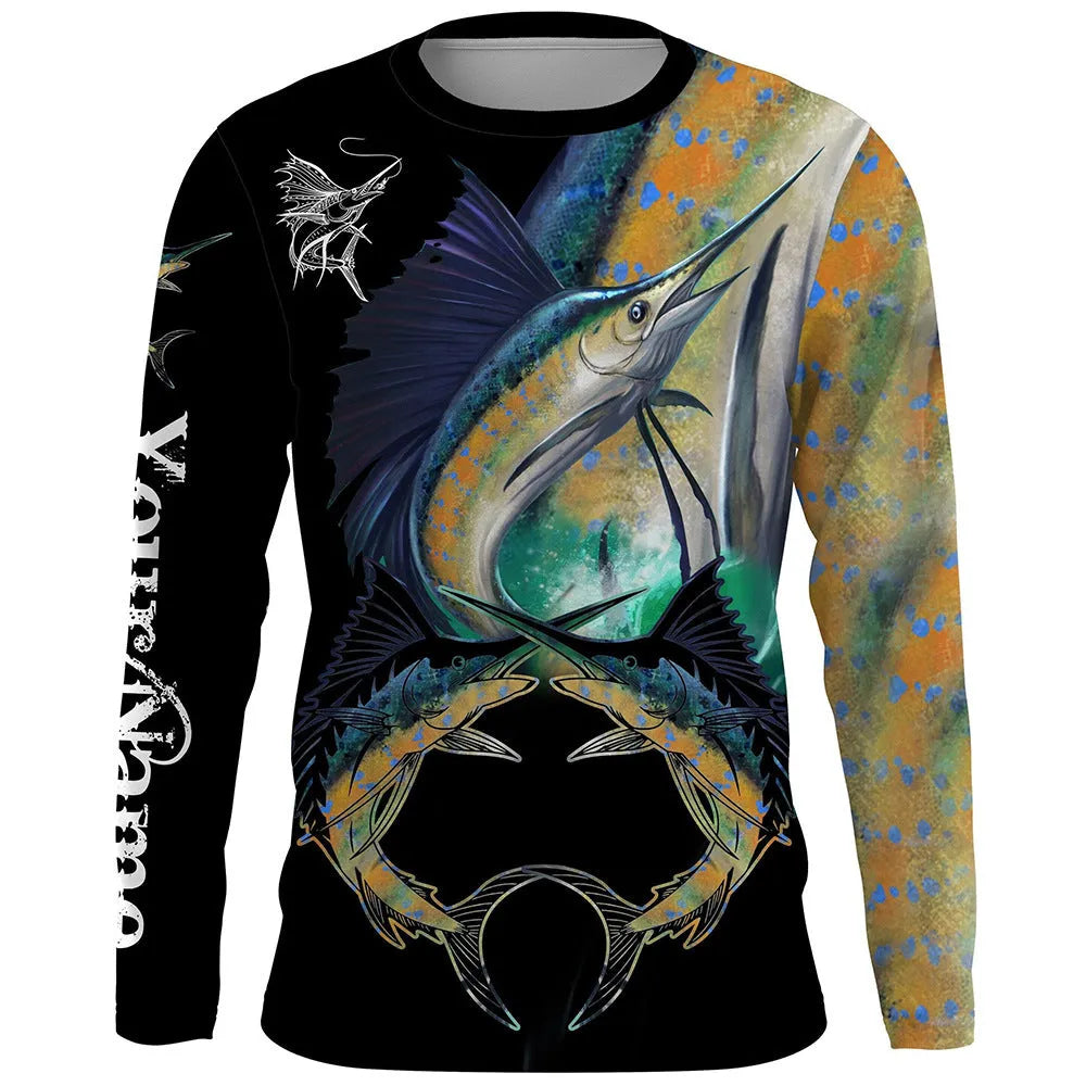 Men's grey pullover top with a colourful fish print design on the long sleeves.