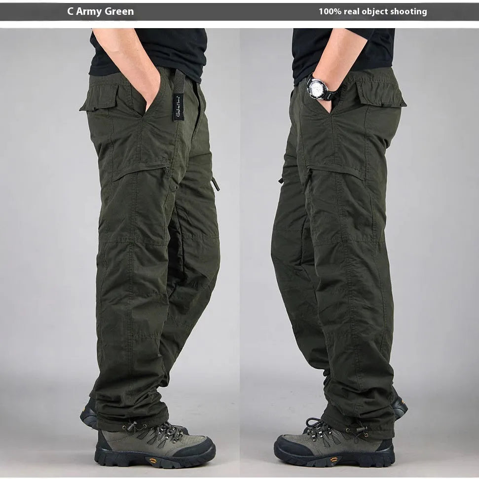 Men's thickened velvet overalls with wool lining in khaki colour, showing loose fit and straight leg style.