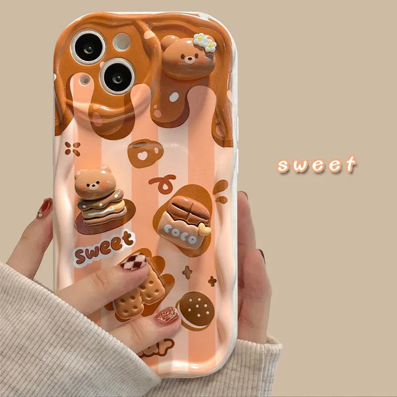 White silicone phone case with chocolate bear doll lanyard for iPhone, cream pattern, anti-fall protection