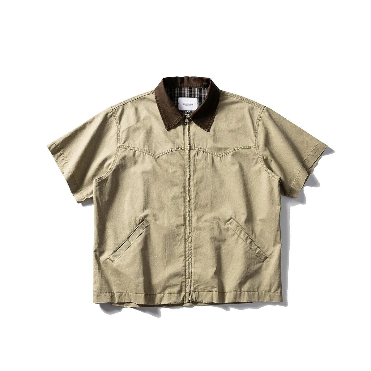Men's washed overalls shirt with short sleeves in khaki and grey colour options