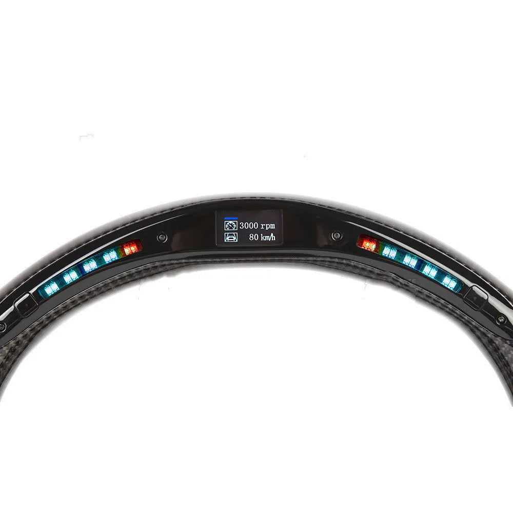 Black carbon fibre BMW sports steering wheel with LED display for X3 X5 models.