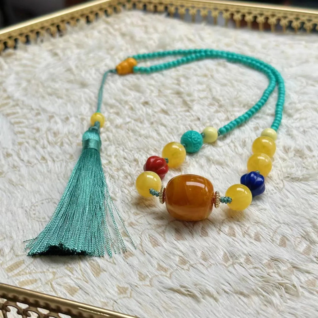 Turquoise stone mesh flower lucky pendant necklace with ball bead chain, adjustable 71-80cm length