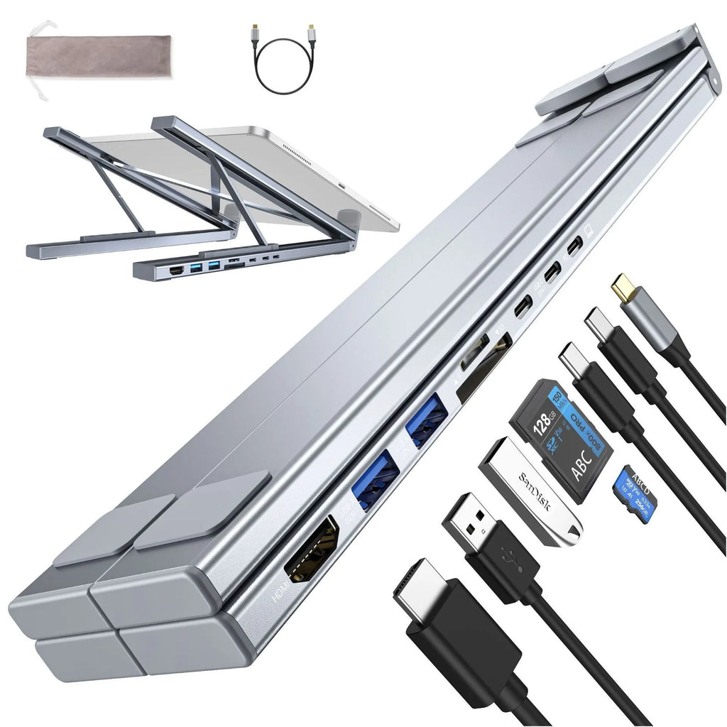 Aluminium alloy laptop docking station stand with 8-in-1 hub ports and folding design