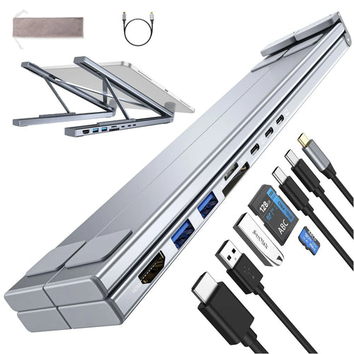 Aluminium alloy laptop docking station stand with 8-in-1 hub ports and folding design