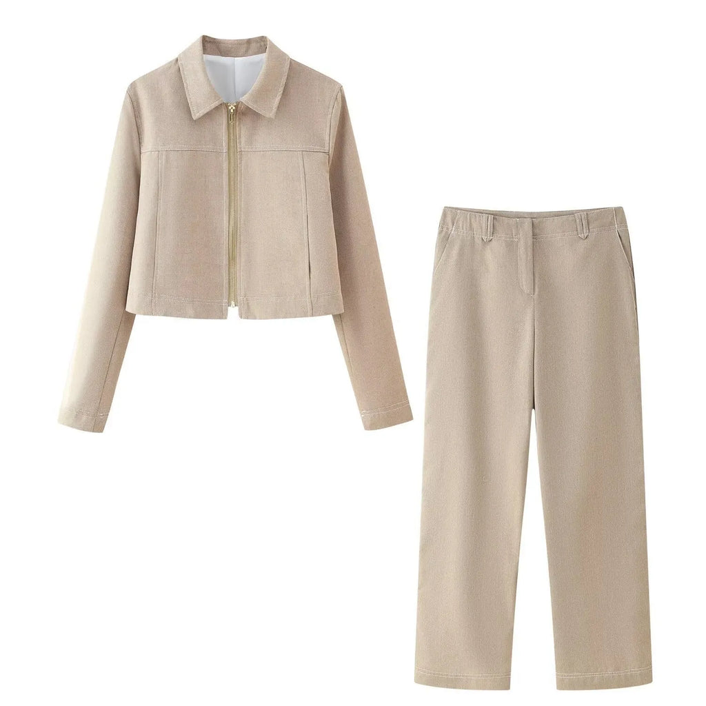Women's summer casual herringbone pattern suit set with 3D embroidery showing jacket and trousers