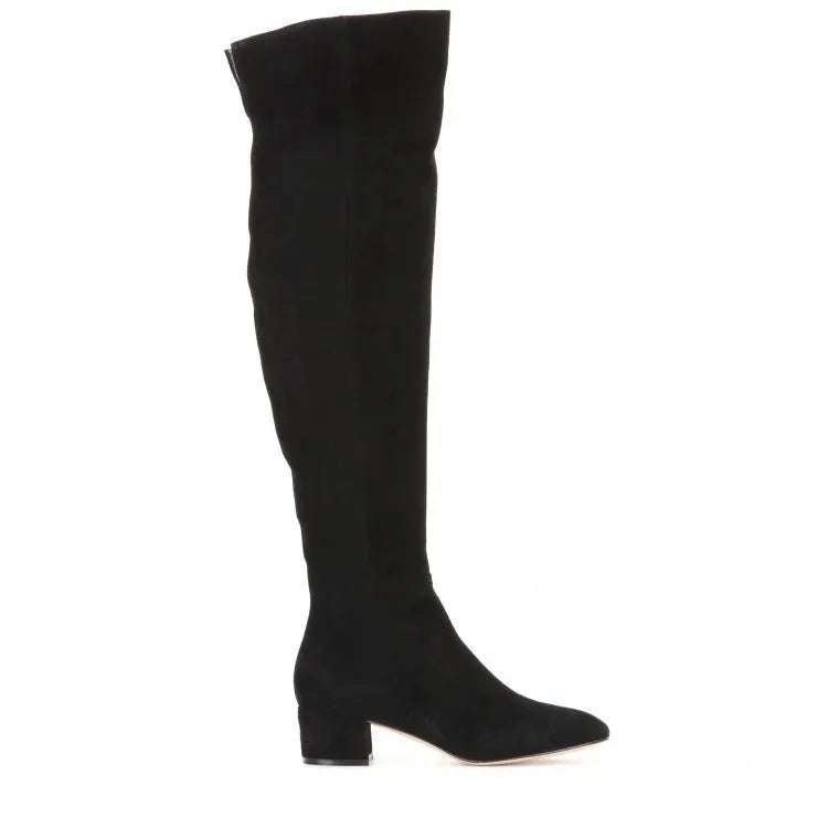Grey women's flat over-the-knee suede boots with a pointed toe and low rubber heel.