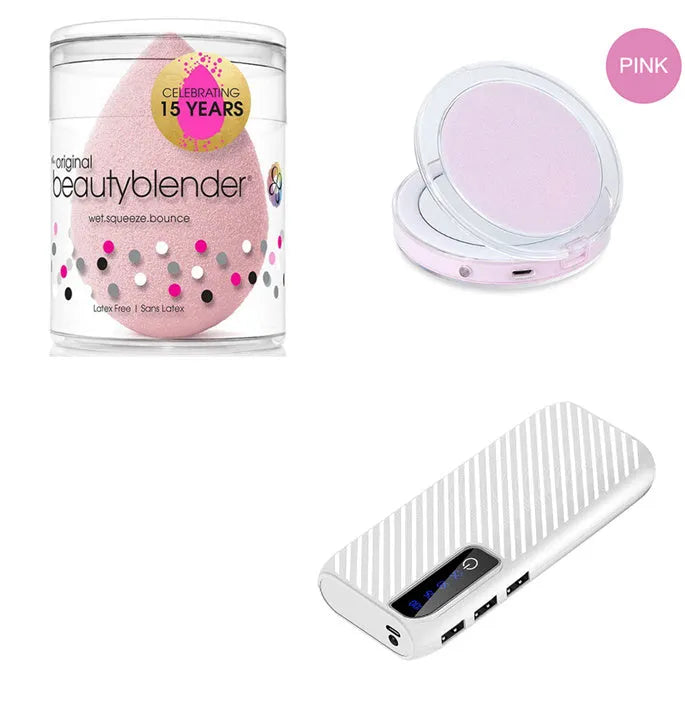 20000mAh mini power bank in black, blue, pink, or white, showing compact size and USB ports.