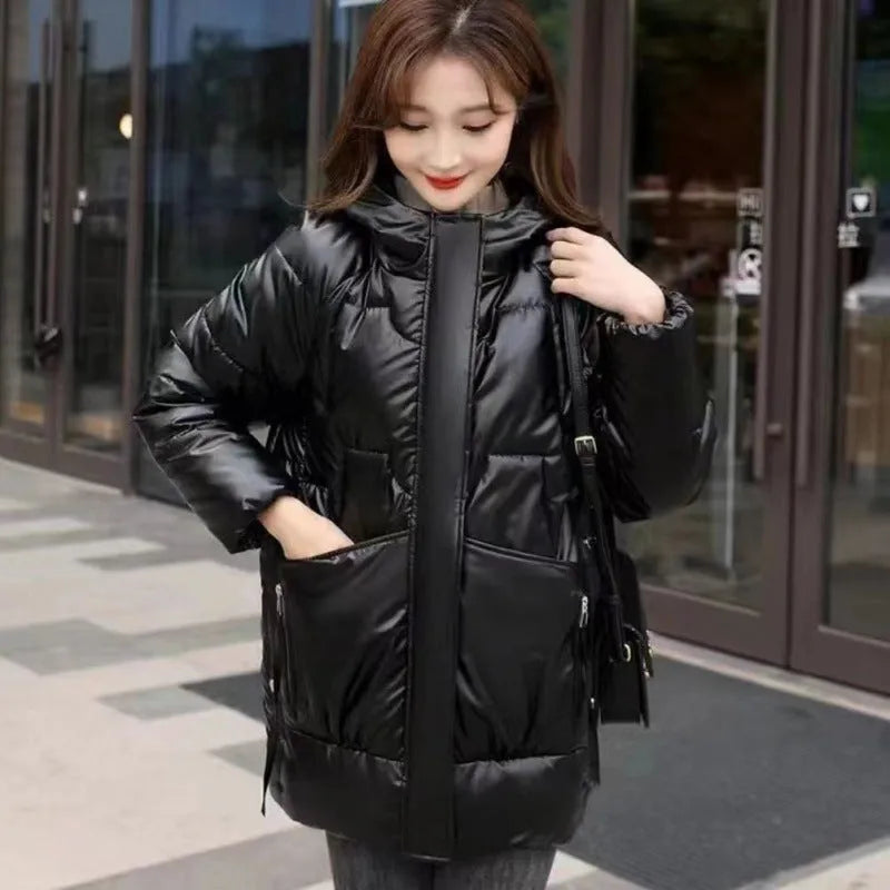 Loose fit women's winter hooded jacket in black, blue, champagne or green colour