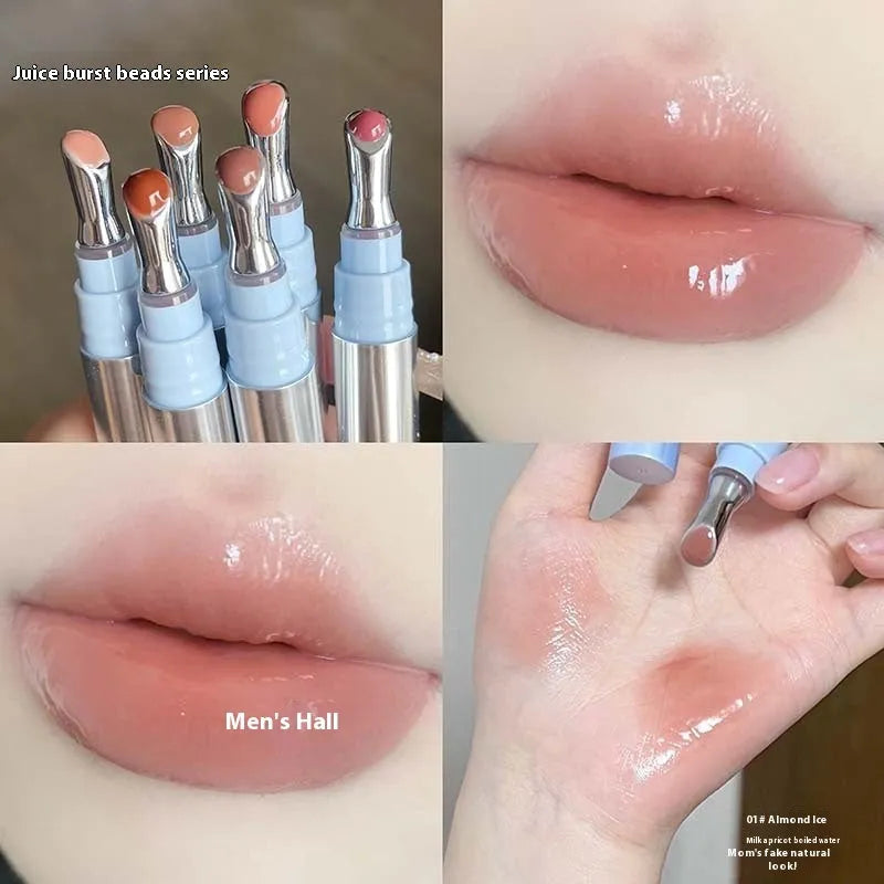 Mirror water light lip gloss lipstick showing six translucent shades in compact case.