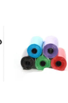 Roll of handled dog poop bags in assorted colours showing dimensions of 22.5 by 30 centimetres
