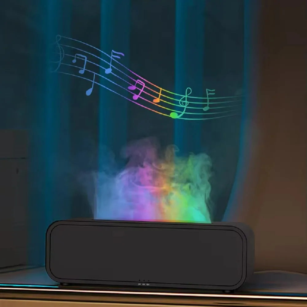 Black and white USB aroma diffuser with remote control on a desk, showing colour-changing LED lights.