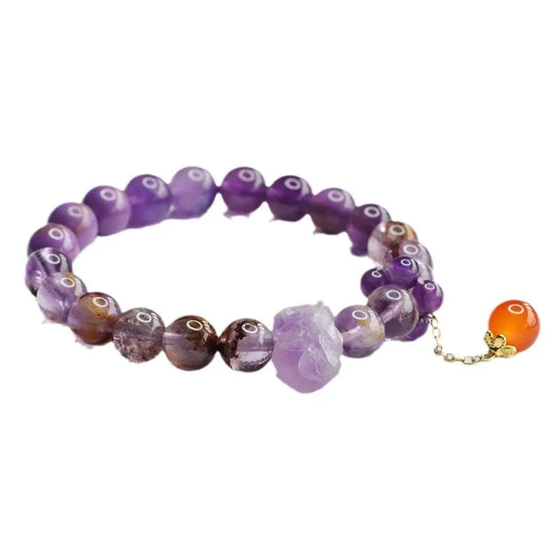 Natural nine purple amethyst crystal bracelet with red agate stones in Mori design