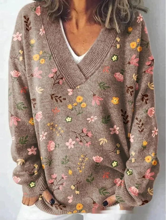 Women's long sleeve V-neck sweatshirt with a printed 3D floral pattern in retro style.