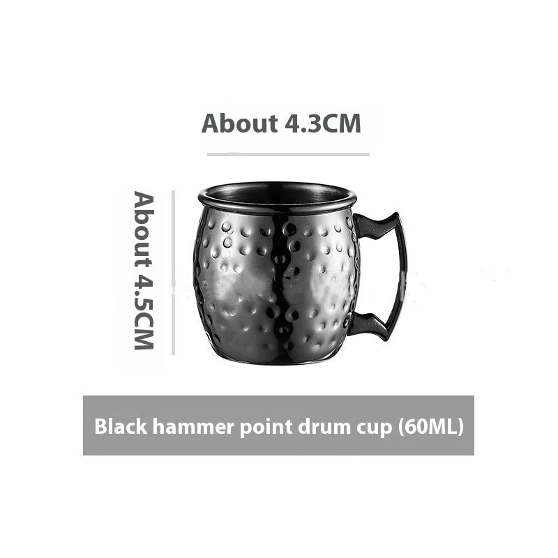 Copper plated stainless steel Moscow Mule mug in hammered and smooth styles, shown in silver, gold, rose gold, and black.