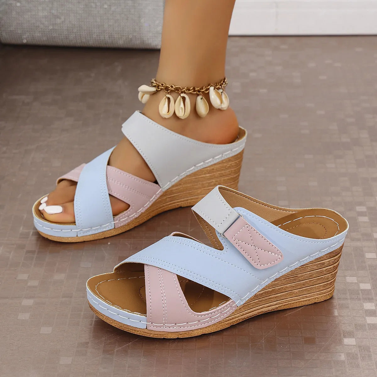 Women's platform wedge slipper with Velcro strap in a two-tone colour combination, showing Fish Mouth toe shape.